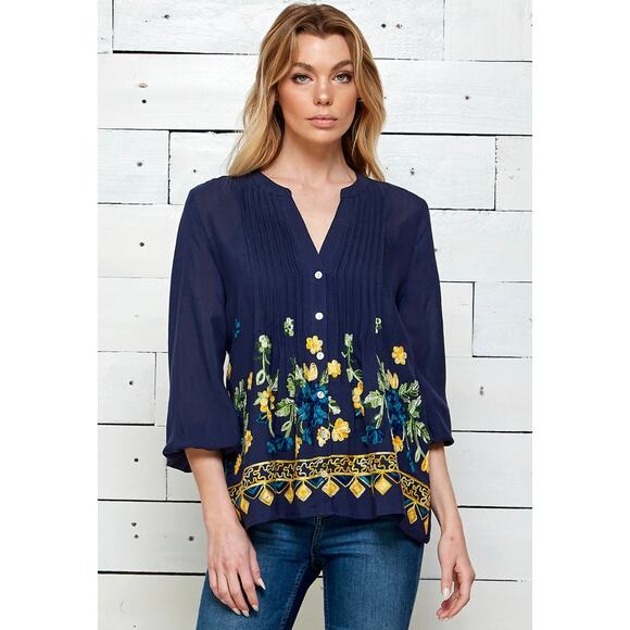 Hope Springs Tops - Embroidered Henley Blouse Pintuck 3/4 sleeve Floral Navy Yellow Hope Springs